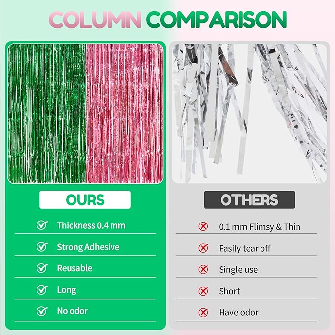 4 Pack Pink and Green Party Decorations Tinsel Foil Fringe Backdrop 3.3’x6.6’, Wicked Party & Halloween Streamer, Durable Metallic Tassel Create Photo Booth & Entrance