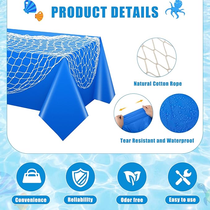 Unittype 8 Pcs Fish Net Decorative and Tablecloth Set, Cotton Fishnet and Plastic Table Cover Decorations Set for Nautical Themed Party Baby Shower Pirate Decorations Mermaid Party (Coastal Colors)