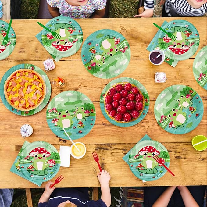 96Pcs Frog Party Supplies Frog Birthday Plates and Napkins Green Animals Tableware Set for Kids Boy Girl Fairy Tale Prince Theme Frogs Birthday Baby Shower Party Supplies，Serves 24