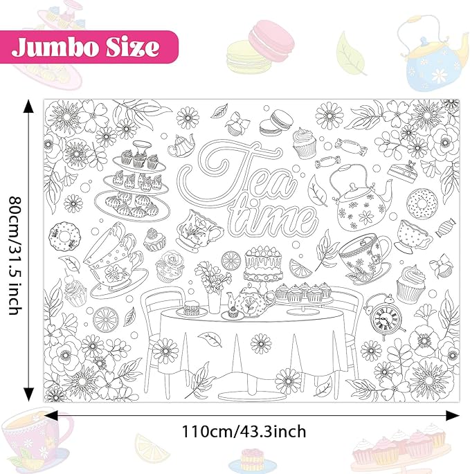 Tea Party Coloring Poster for Kids Spring Giant Coloring Poster Large Flower Tea Time Tablecloth Jumbo Books for Classroom Home Birthday Party Supplies Favor