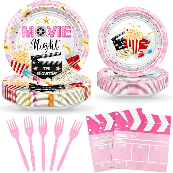 Avezano 96 pcs Movie Night Party Decorations Pink Movie Night Plates and Napkins Disposable Popcorn Theater Birthday Party Supplies Serve 24 Guests