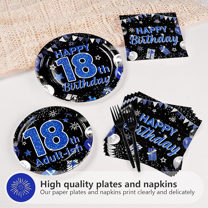 96Pcs 18th Birthday Decorations for Boys Blue and Black 18th Birthday Plates and Napkins Tableware Sets 18 & Adult-ish Party Decorations Favors for Teens 18 Years Old Party Supplies Serves 24