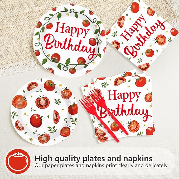96Pcs Funny Tomato Birthday Party Decorations Red and Green Fresh Plates and Napkins Tomato Decor Tableware Favors for Baby Shower Boys Girls Happy Birthday Party Supplies Serves 24