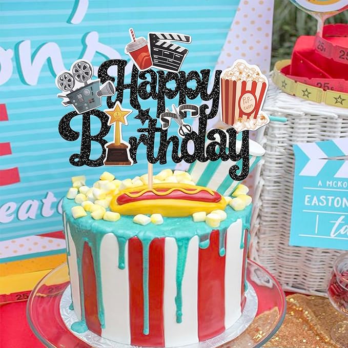 1 PCS Movie Happy Birthday Cake Topper Glitter Roll Camera Video Recorder Popcorn Movie Night Cake Pick for Hollywood Theme Family Film Baby Shower Birthday Party Cake Decorations Supplies Black