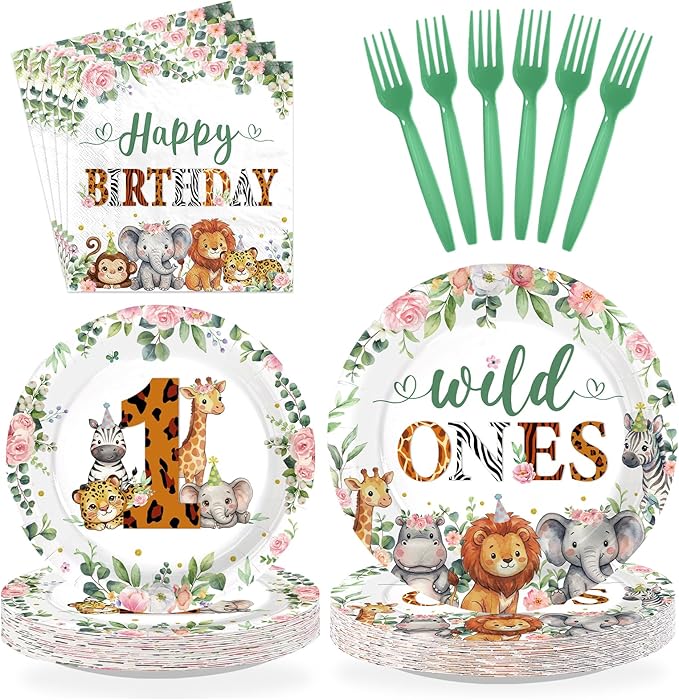 96Pcs Safari Wild Ones Birthday Party Decorations Twins Baby 1 Year Old Plates and Napkins Safari Jungle Animal Supplies for Boys Girls First Birthday Welcome Twins Party Supplies, Serves 24