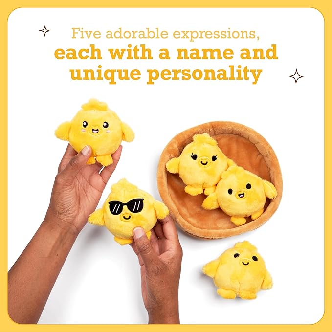 Emotional Support Chickies by Relatable, Easter Plush Cuddly Stuffed Animals and Toys, Cute Easter Basket Stuffer, Non Candy Easter Gift Ideas for Kids, Includes 5 Plushies with Carrying Basket