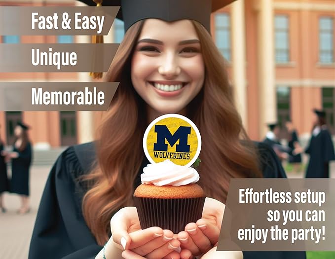 University of Michigan Cupcake Topper Party Supplies for U of M Football, Birthday, Graduation Party Decorations (24 Pieces) (Michigan Wolverines)