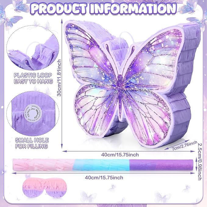 Butterfly Piñata for Birthday Party Supplies Purple Butterfly Piñata Decorations with Pink Purple Stick and Blindfold for Birthday Party Decorations Game Supplies