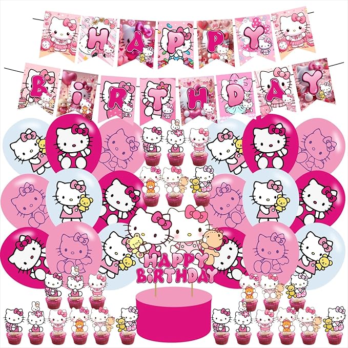 Cute Kitty Cat Birthday Party Supplies,Cat Balloons Decorations for Cartoon Kitty Party Happy Birthday Balloons, Cupcake Toppers, Cake Toppers