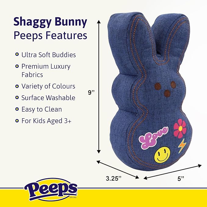 Animal Adventure | 9" Blue Denim Shaggy Bunny Peeps Plush | Easter Basket Stuffed Animals for Kids | Marshmallow Candy | Huggable Ultra Soft Plushie Stuffers Buddy Toy | Collectable Gifts | Aged 3+