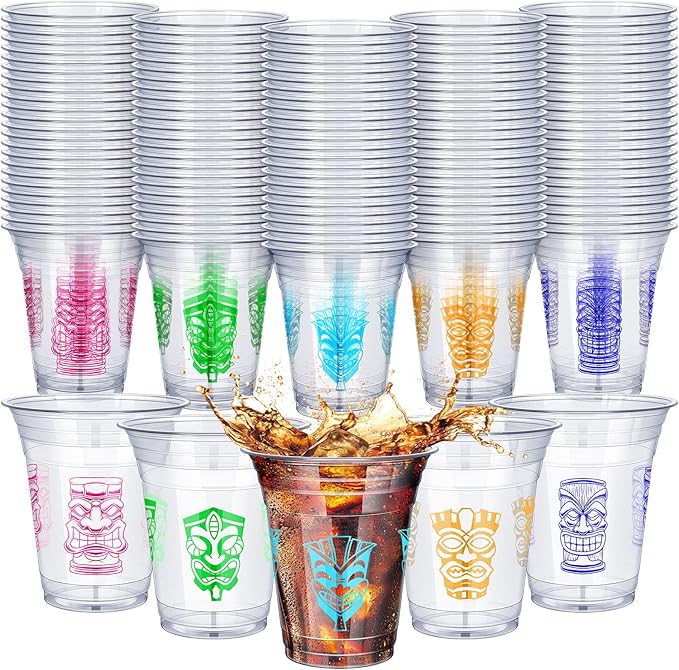 Pinkunn100 Pcs Tiki Plastic Cups Bulk Clear Plastic Mug Cups 16OZ Themed Luau Mug Hawaiian Party Drinking Tumblers for Hawaiian Party Supplies(Tiki)