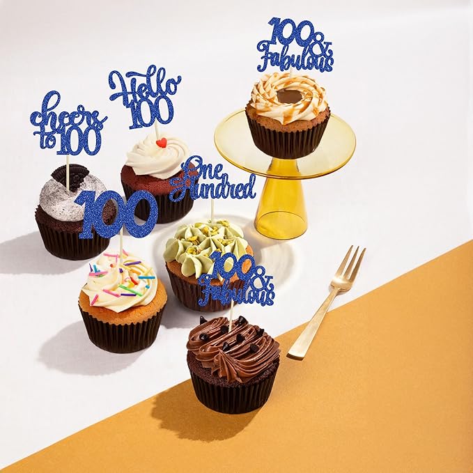 30Pcs Happy 100th Birthday Cupcake Toppers Deep Blue Glitter One Hundred Cheers to 100 Years Old Birthday Cupcake Picks for 100th Wedding Anniversary Party Cake Decorations