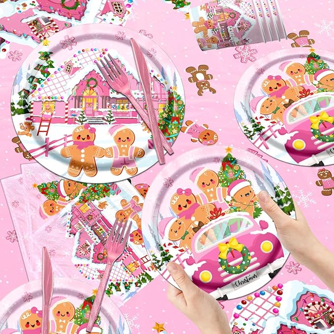 142Pcs Gingerbread Christmas Tableware Party Decorations Gingerbread Man Winter Christmas Holiday Party Supplies Pink Cookie House Family Gathering Disposable Banner,Plates,Napkins and Tablecloth