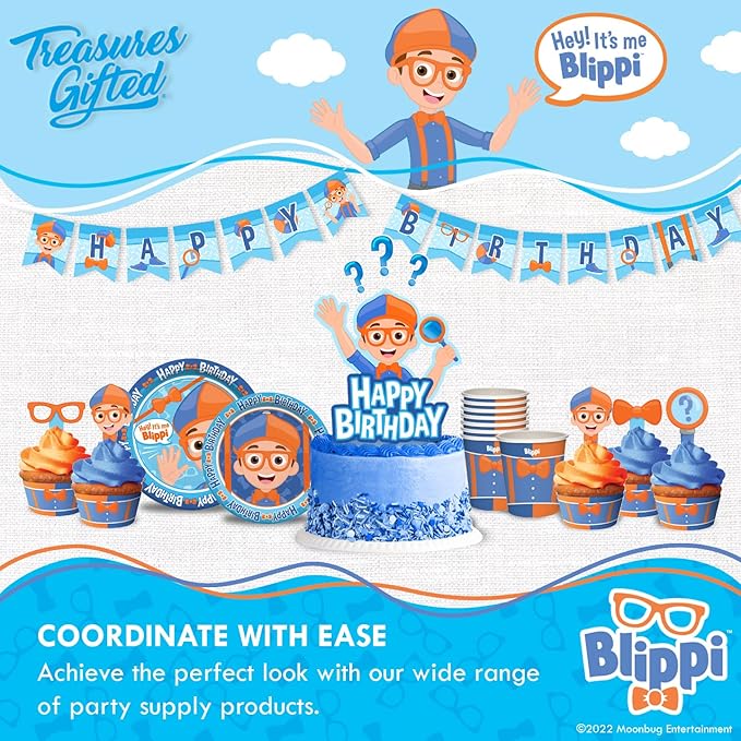 Treasures Gifted Officially Licensed Blippi Birthday Party Supplies - Set of 3 Pre-Strung Birthday Banners - 1 Banner & 2 Triangle Pennants - Blippi Party Decorations