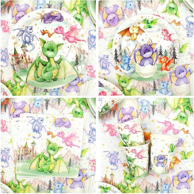 Dragon Party Supplies, Including Happy Birthday Banner, Plates,Cups, Napkins, Tablecloth, Balloons, Straws, for Dragon Theme Boy Girl Birthday Party Decorations Serves 20 Guest