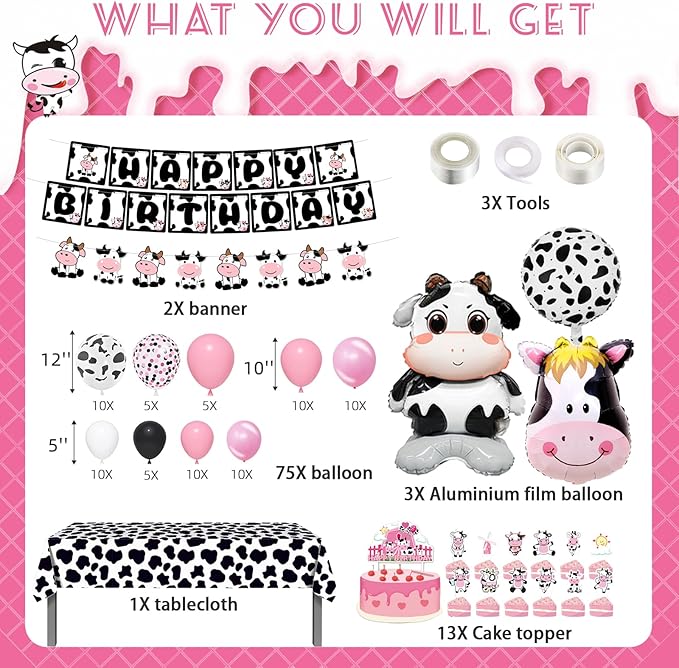 Bluegogo 120PCS Cow Birthday Party Decorations, Cow Print Birthday Decorations Include Pink Cow Balloon Garland Arch Tablecloth Banner Toppers Balloons for Cow Themed Birthday Party Supplies