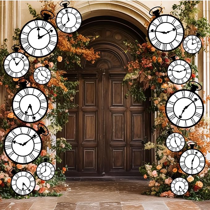 Wonderland Tea Party Decoration Clock Hanging Banners Wonderland Spring Themed Garland banner Curious Clock Backdrop Photo Props for Indoor Outdoor Garden Birthday Baby Shower Party Supplies