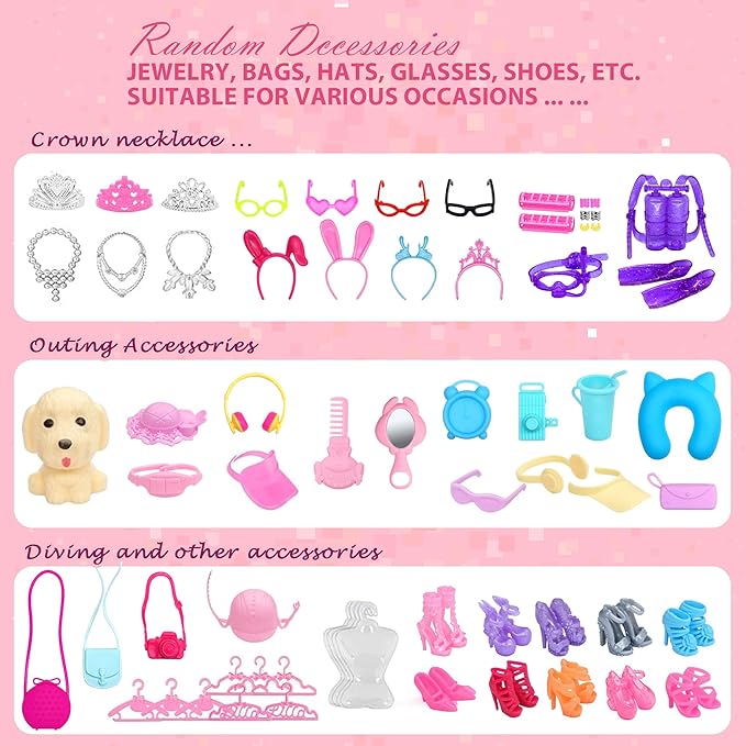 122Pcs Doll Clothes And Accessories - With Doll Sets,Fashion Pack Playset Including Wedding Gowns/Dresses/Hangers/Shoes/Outfit,Fashionista Princess Dolls Playset,Birthday Girls Gifts Age 345678