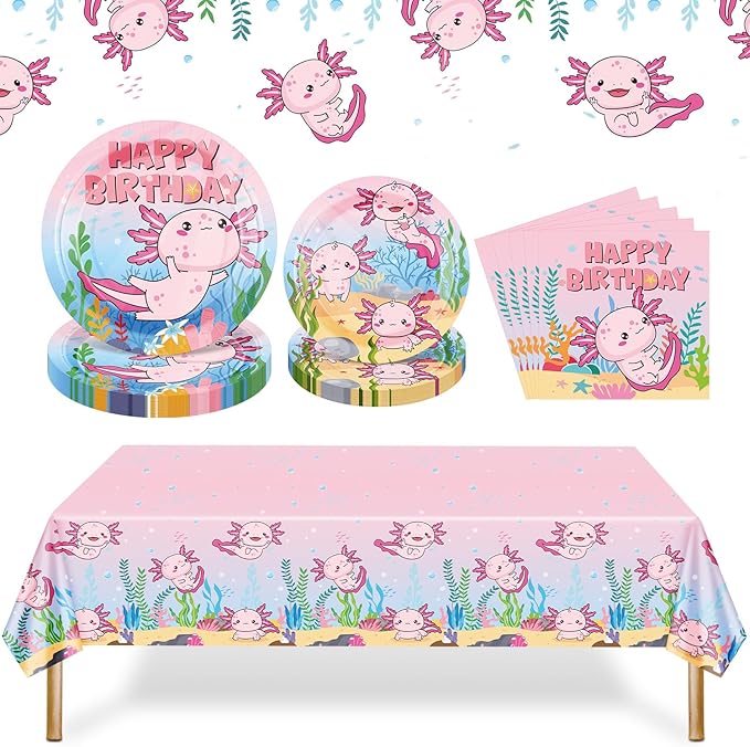 Zhehao 101 Pcs Axolotl Birthday Party Decorations Set for Girls, Pink Axolotl Reptile Animals Theme Party Supplies Includes 50 Paper Plates 50 Napkins 1 Tablecloth for Birthday Baby Shower