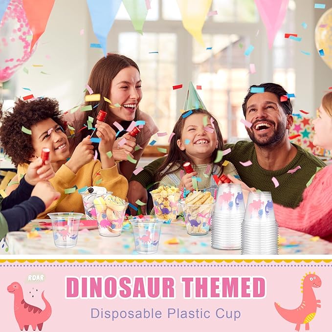 50 Pcs 9oz Dinosaur Cup Dinosaur Ice Cream Cups Plastic Disposable Clear Snack Bowls Dessert Bowls for Hot or Cold Soup Sundae Yogurt Supplies(Pink)