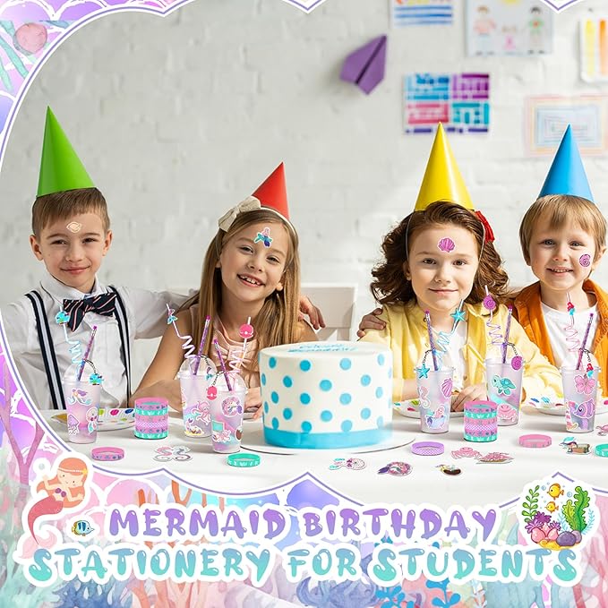 194 Pcs Valentine Gift Mermaid Party Favors Goody Cup Fillers, Mermaid Birthday Party Decorations Straws Keychains Pencils Bracelets for Goodie Bag Stuffer, Classroom Rewards, Piñata Supplies