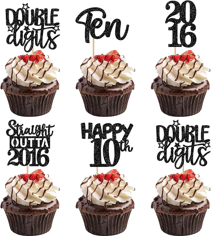 30PCS Black 10th Birthday Cupcake Toppers Glitter Ten Happy 10 Straight Outta 2016 Cupcake Picks for Cheers to 10 Years 10th Birthday Wedding Anniversary Party Cake Decorations Supplies
