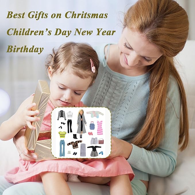15 PCS Doll Clothes and Accessories, Girl Doll Clothes Including 6 Fashion Sets, 1 Handbag, 1 Suitcase, 1 Glasses, 6 Pairs of Shoes for 11.5 inch Dolls on Christmas