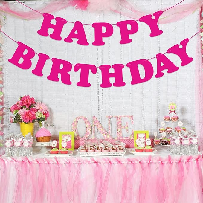 Pink Happy Birthday Banner Sign Birthday Backdrop Party Supplies for Kids Boys Girls Birthday Party Decorations