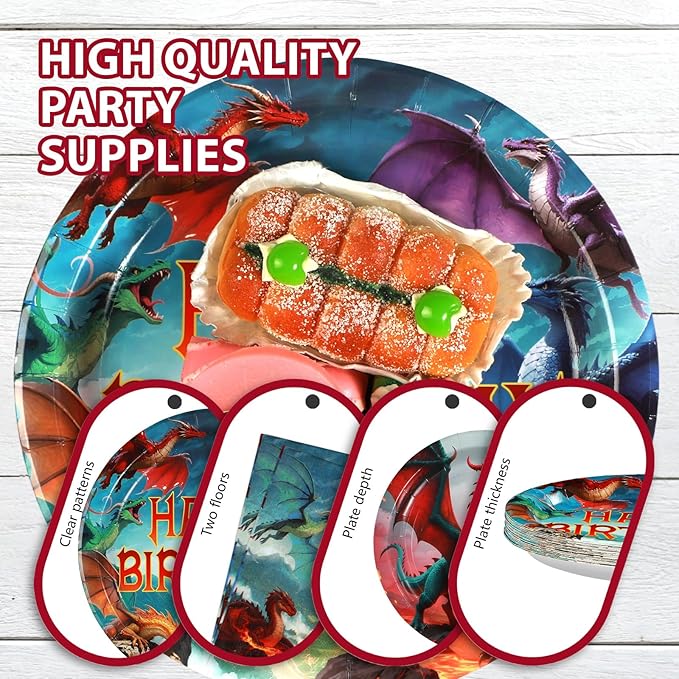 Grencian 96Pcs Dragon Birthday Party Supplies - Red Fire Dragon Party Plates and Napkins Disposable Dragons Theme Dessert Tableware Set for Kids Boys Fantasy Birthday Supplies Serves 24
