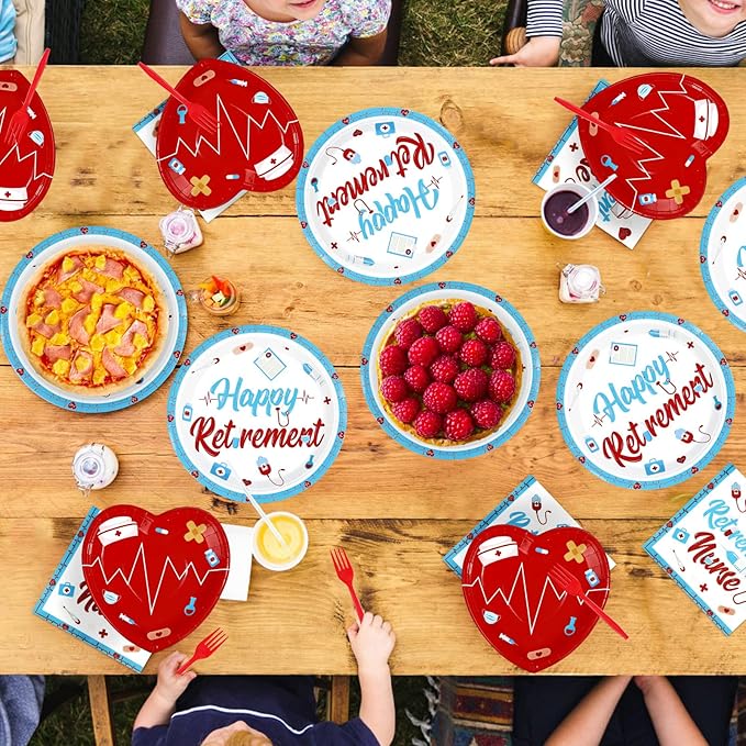 96Pcs Nurse Retirement Party Decorations Red and Blue Happy Retirement Plates and Napkins RN Theme Tableware Set for Retired Medical Staff Doctor Party Supplies Serves 24