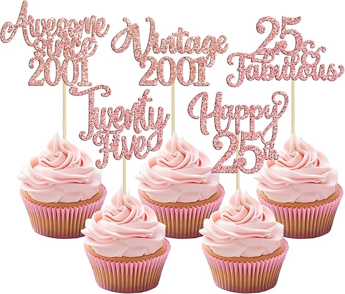 30Pcs Vintage 2001 Cupcake Toppers Glitter Twenty-Five 25 Fabulous Happy 25th Birthday Cupcake Picks Awesome Since 2001 Cake Decorations for 25th Birthday Retirement Party Supplies Rose Gold