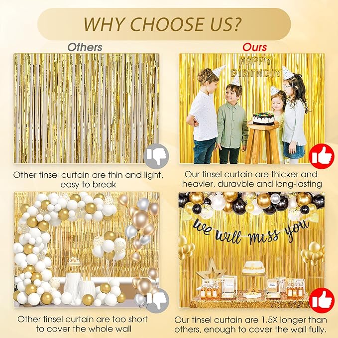 Birthday Party Decorations: 3 Pack 3.3 x 9.9 ft Gold Foil Fringe Curtains Party Supplies, Tinsel Curtain Backdrop for Parties/Birthday/Photo Booth