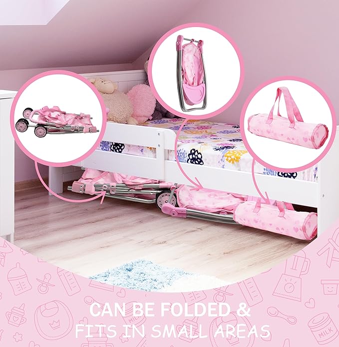 Baby Doll Stroller Bed and Swing Nursery Playset, Baby Doll Accessories Furniture Set Convertible High Chair Diaper Bag Role Play Deluxe Baby Doll Set