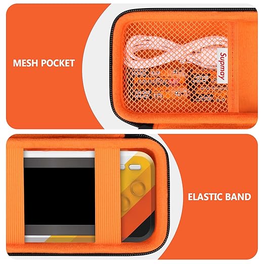 Supmay Hard Travel Case for My Arcade Atari Pocket Player Pro, Portable Video Game System Handheld Game Protection Case with Mesh Pocket for Batteries and USB-C Cable, Black+Orange