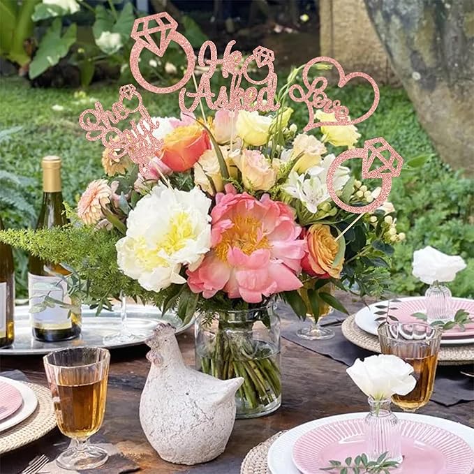 Gyufise 12Pcs Engagement Centerpiece Sticks Double Sided He Asked She Said Yes Diamond Ring Heart Table Centerpiece Sticks for Wedding Bridal Shower Party Supplies Rose Gold