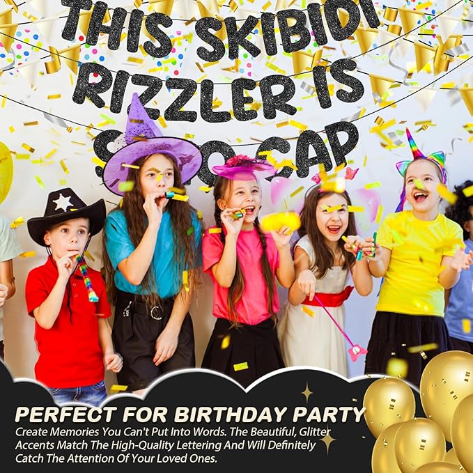Fulmoon Pre Strung This Skibidi Rizzler Is 9 No Cap Glitter Banner 9th Birthday Party Decorations, Funny Birthday Sign, Party Supplies, Ideas, Gifts, Black
