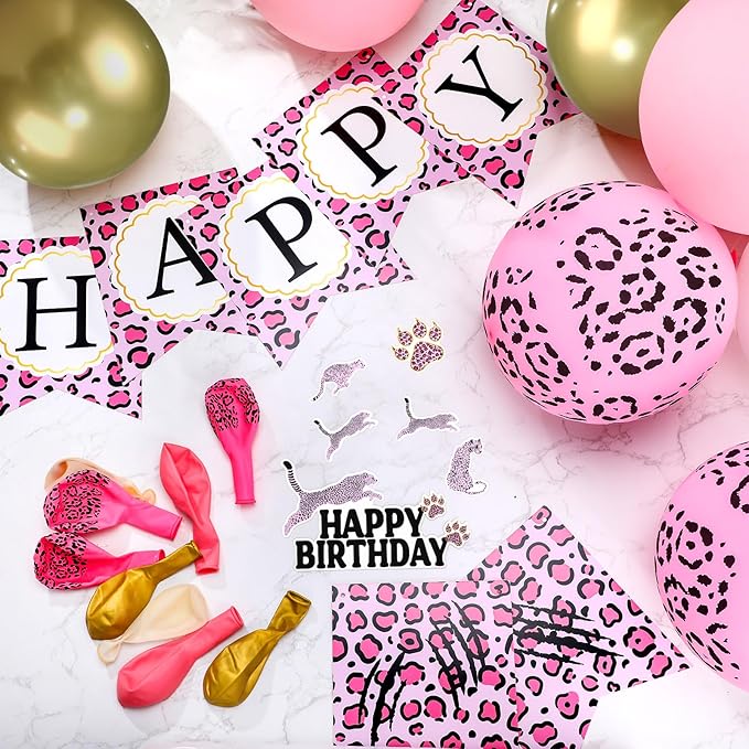 Civaner 51 Pieces Pink Cheetah Birthday Decorations Including Cheetah Birthday Banner Theme Balloons Leopard Cake Topper Safari Animal Print Tablecloth and Ribbon for Baby Shower Party Supplies