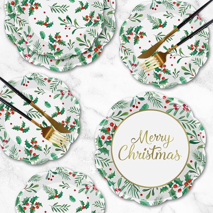 24 Pcs Merry Christmas Paper Plates Set - Disposable Round Christmas Plates, Holly Leaf Red Berry Dinner Dessert Plate Paper Dinnerware Kit for Winter Xmas Party Table Decorations Supplies Favors