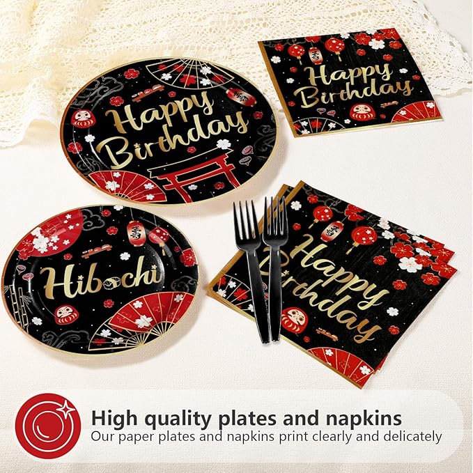 96Pcs Hibachi Birthday Decorations Black Red Japanese Cherry Plates and Napkins Japanese Hibachi Birthday Decorations Favors for Asian Japan Theme Vintage Baby Shower Party Supplies Serves 24