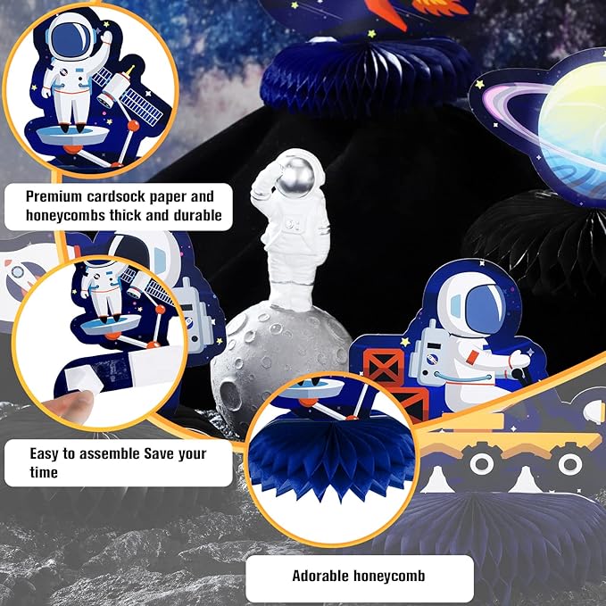 9 Pcs Outer Space Theme Honeycomb Centerpiece Outer Space Party Decorations Paper Planet Table Decor Solar System Astronaut Ufo Table Topper for First Trip Around the Sun Birthday Party Supplies