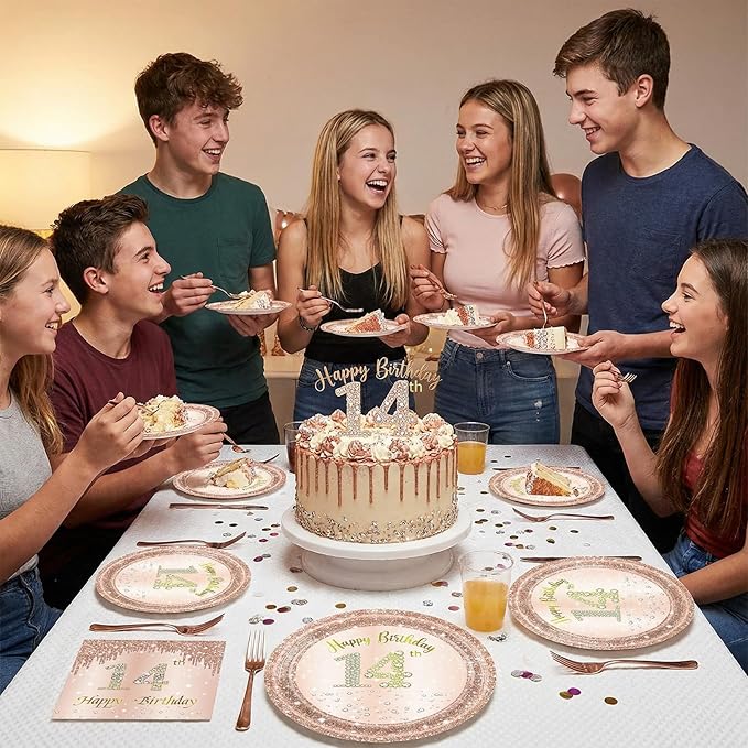 40Pcs 14th Birthday Decorations for Girls Rose Gold 14th Birthday Party Plates and Napkins Happy 14 Years Party Theme Tableware,Disposable 7'' Paper Plates,Napkins for Her,Girls Teen Party Supplies