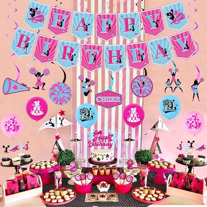 Cheerleading Party Decorations for Girls - Hot Pink Blue Happy Birthday Banner, Cake Topper, Hanging Swirls, Balloons for Cheer Gymnastics We've Got Spirit Party Supplies