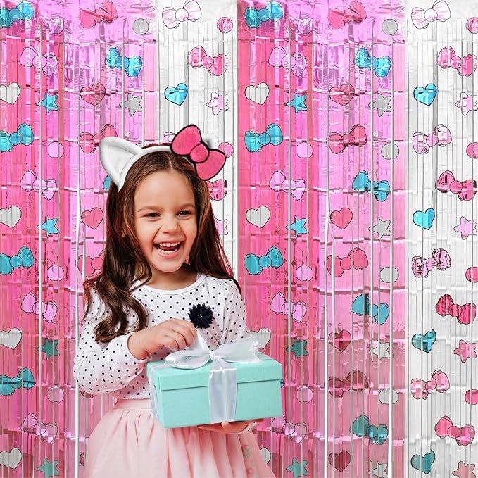 Kawaii Birthday Decorations, 2 Pack Cartoon Cat Theme Party Supplies, 3.3 x 6.6ft Tinsel Foil Fringe Curtains, Bow Photo Booth Props, Backdrop Streamers, Perfect Room & Doorway Decor for Girls