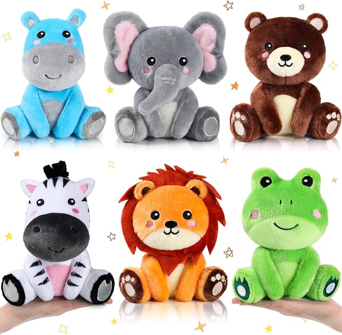 6 Pcs Forest Animals Toys 7 Inch Zebra Lion Hippo Bear Elephant Frog Large Stuffed Animals Bulk for Woodland Baby Showers Party Decor Birthday Gifts Classroom Teacher Student Awards