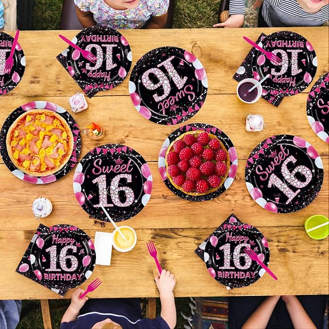 96Pcs 16th Birthday Party Supplies Black and Hot Pink Plates Forks and Napkins Diamond Sweet Sixteen Disposable Paper Tableware Set for Girls 16 Years Old Birthday Party Supplies Serves 24