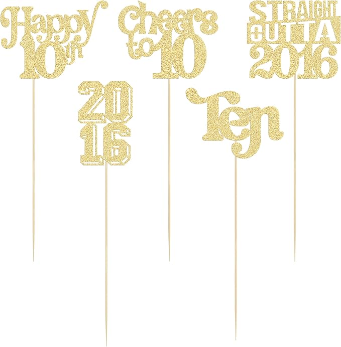 Gyufise 15Pcs Happy 10th Birthday Centerpiece Sticks Ten Straight Outta 2016 Table Flower Centerpieces Sticks Cheers to 10 Decorations for 10th Birthday Party Supplies Gold