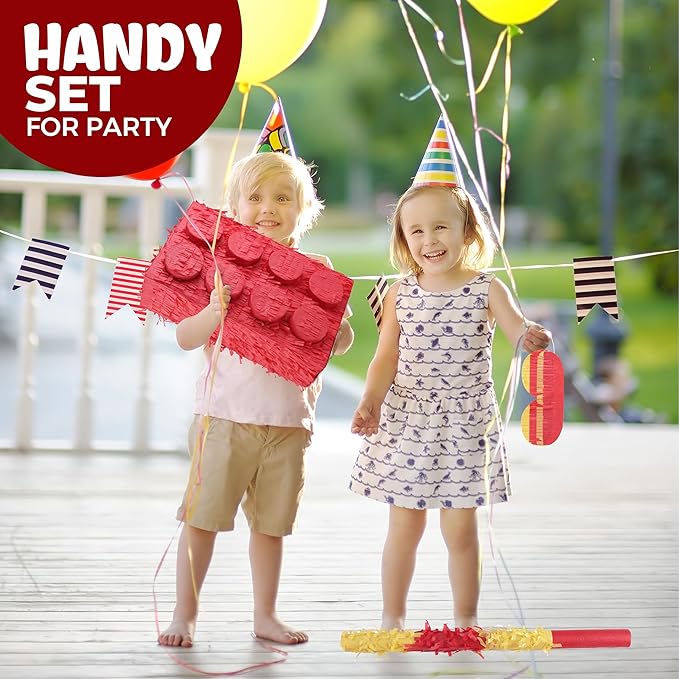 Block Pinata Bundle with a Blindfold and Bat(17 x 11 x 4 Inches), Perfect for Birthday Party Supplies, Building Blocks Theme Birthday, Decoration