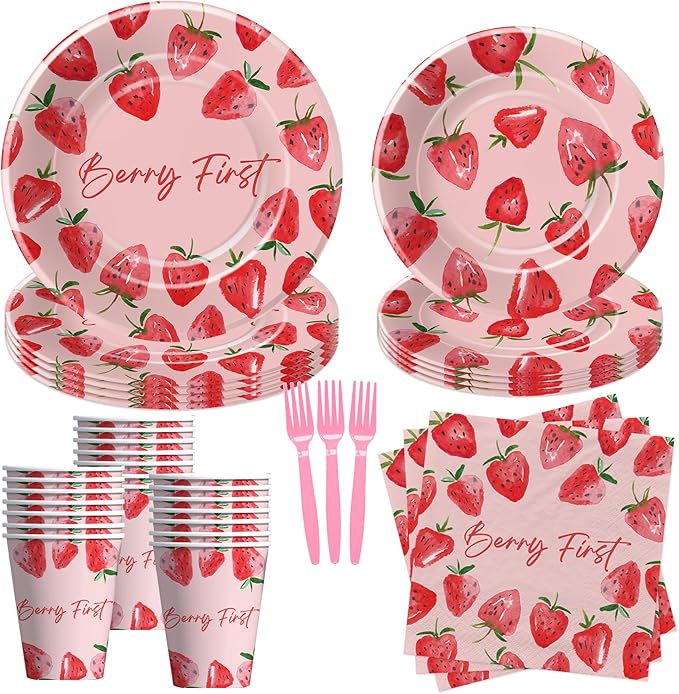 Strawberry Berry First Birthday Party Supplies - Strawberry 1st Birthday Party Decorations Tableware, Plate, Cup, Napkin, Fork, Serve 24