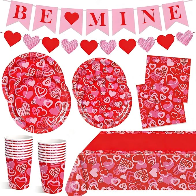 Valentine's Day Party Supplies Serve 24, 97 Pcs Hot Heart Love Disposable Paper Plates Napkins Cups Plastic Tablecloth with Banner for Valentine's Day, Engagements, Anniversary, Birthday Party