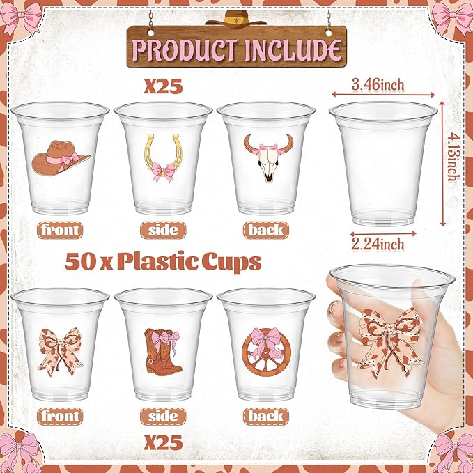 50 Pcs 12oz Western Cowgirl Party Decorations Clear Plastic Cups - Western Birthday Party Supplies for Cowgirl Theme Party